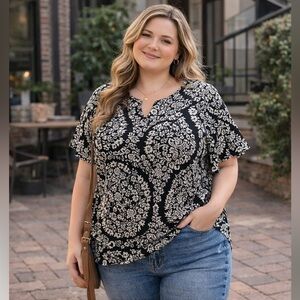 Croft & Barrow NWT Black White Paisley Boho Blouse Peasant Top 2X Plus Size